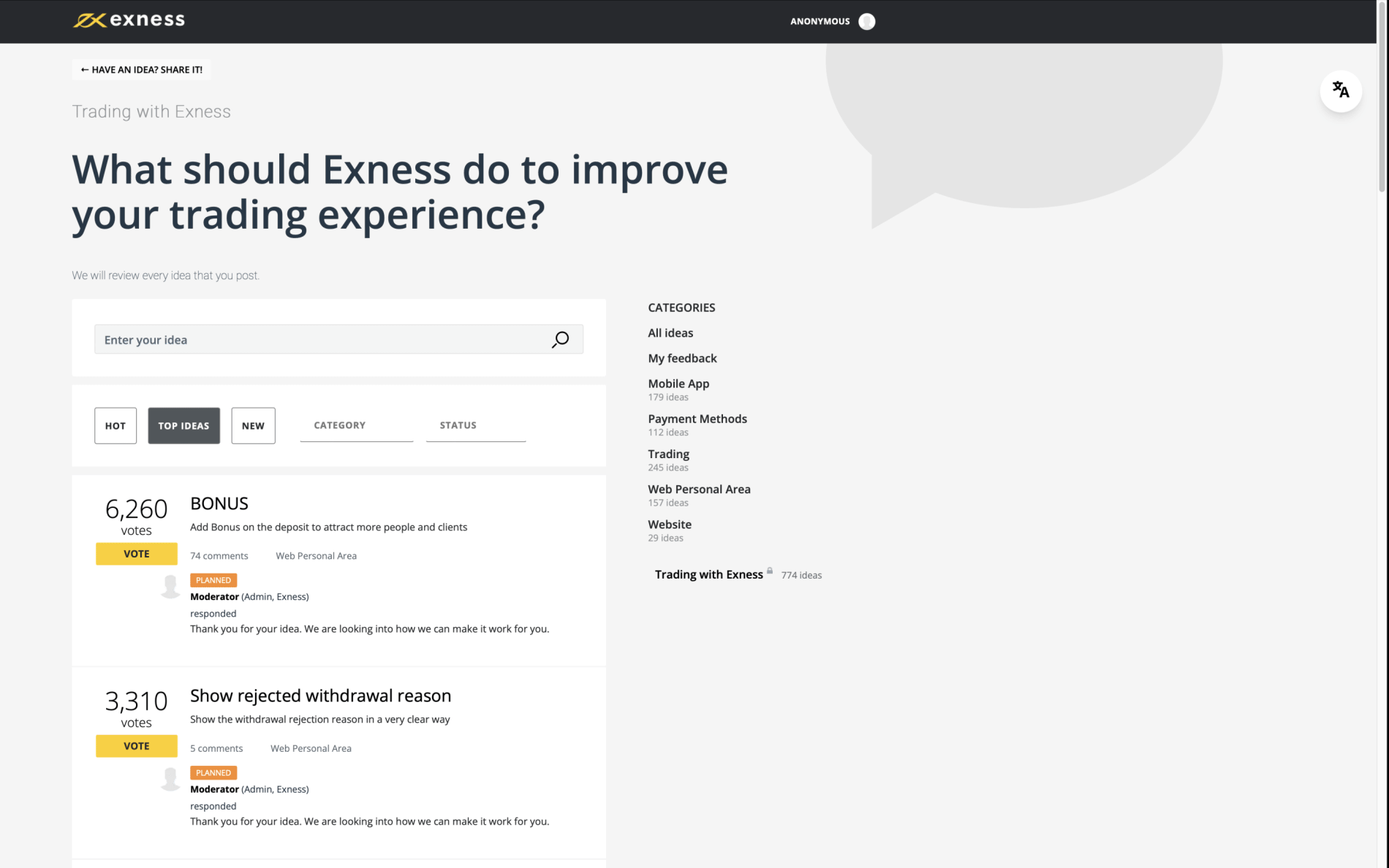 Como faço para sugerir novos recursos e ideias para a Exness? – Central de  Ajuda da Exness